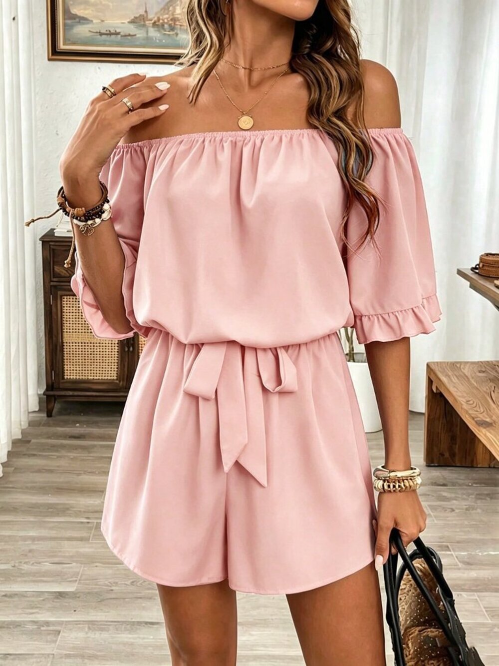 Pink Casual Women's Hawaiian Style Ruffled Off-Shoulder Romper - Picture 4 of 5